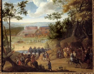 Utsikt over Versailles i 1664 med kongen av Frankrike Ludvig XIV (1638-1715) og et selskap med musketerer. Maleri av Adams Frans Van der Meulen (1632-1690)