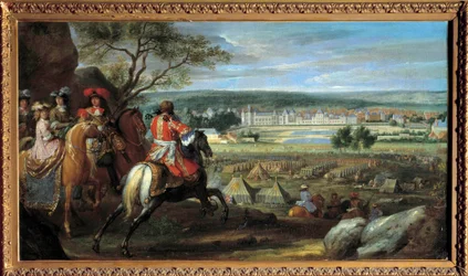 Utsikt over slottet Fontainebleau i 1669, med Ludvig XIV (1638-1715) og Marie Therese av Østerrike (1638-1683) Maleri av Adam Frans van der Meulen (1632-1690) 1669 Søn. 0,53x0,95 m.
