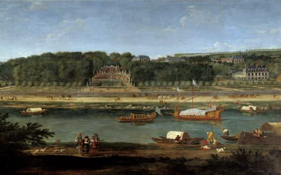 Utsikt over slottet Saint Cloud med det kongelige galleriet på Seinen, maleri av Adam Van der Meulen (1632-1660)