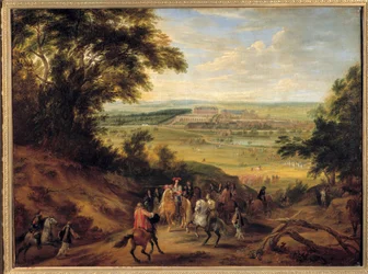 Utsikt over slottet i Versailles, tatt fra høyden til Satory Louis XIV (1638-1715) som ga sine ordre til offiseren av jaktene, med tanke på slottet i Versailles, på høyden av Satory. Maleri av Adam Frans van der Meulen (1632-1690). 1664 S