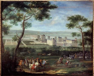 Utsikt over slottet i Vincennes rundt 1660: Kongen av Frankrike Ludvig XIV (1638-1715) og Marie-Therese av Østerrike (1638-1683) er i forgrunnen Maleri av Adam Van Der Meulen (1632-1690) 1660 Dim. 1,10 x 1,35 m Paris, Musee Carnavalet