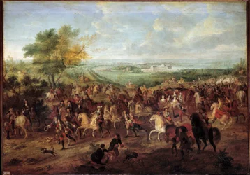 Gå med vogn av kong Louis XIV (1638-1715), dronning Marie Therese av Østerrike, Dauphin Louis og Dauphine foran slottet Clagny i Versailles Maleri av Adam van der Meulen (1632-1690) Rundt 1680 Søn. 1,4x1,9