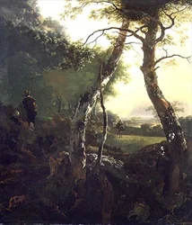 Et italiensk skoglandskap med figurer og storfe (olje på panel)