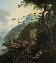 Båtfolk fortøyd ved bredden av en italiensk innsjø, 1650-70
