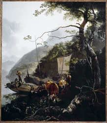 Seilbåt fortøyd på stranden ved en innsjø, ca. 1660