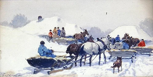 Vinter på landet (akvarell og blyant på papir)