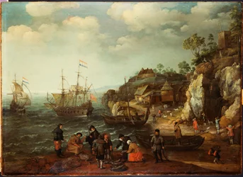 Kystscene med fiskere og jegere på kysten, 1626