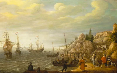 Nederlandske skip for anker utenfor en befestet skandinavisk by