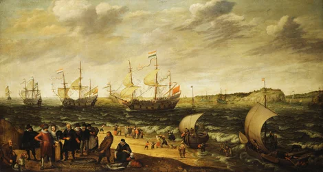 Men-of-War som seiler ut av et elvemunning med figurer i forgrunnen,