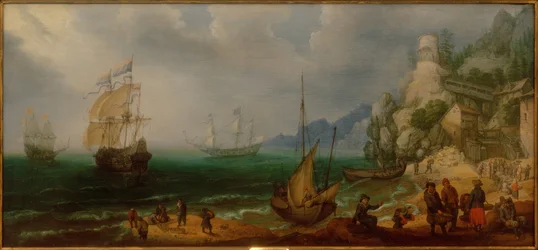 Steinete kystlandskap med seilskuter og fiskere