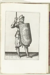 The Targe and Rapier Exercise: Soldaten holder den tegnede rapier ikke høyere enn sitt ansikt (nr. 5), 1618 Nassausche Wapen-Handelinge, van Schilt, Spies, Rappier and the Targe: beyde figuerlick avbildet, og innrammet etter den nye rekkefølgen [av]