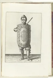 Drillen med skiven og griperen: soldaten holder skiven foran brystet og den trukket griperen mot venstre skulder (nr. 6), 1618 Nassausche Wapen-Handelinge, van Schilt, Spies, Rappier and the Targe: beyde figuerlick avbildet, ende innrammet etter