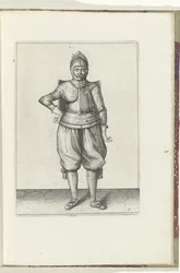 Drillen med skiven og griperen: soldaten i ro med skiven på ryggen (nr. 1), 1618 Nassausche Wapen-Handelinge, van Schilt, Spies, Rappier and the Targe : beyde figuerlick avbildet, og innrammet etter den nye orden [av] (...) Maurits van Nassa