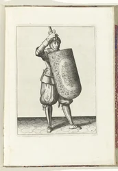 Drillen med skiven og griperen: hvordan soldaten skal lukke visiret på hjelmen med skiven og den tegnede griperen i hånden (nr. 7), 1618 Nassausche Wapen-Handelinge, van Schilt, Spies, Rappier and the Targe: beyde figuerlick avbildet, og