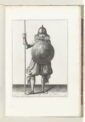 Øvelsen med skjold og spyd: soldaten returnerer spydet til hvilestilling i tre ganger, tredje sats (nr. 12), 1618 Nassausche Wapen-Handelinge, van Schilt, Spies, Rappier and the Targe: beyde figuerlick avbildet, og innrammet etter