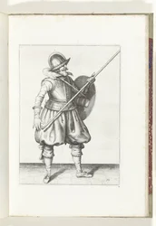 Øvelsen med skjold og spyd: soldaten returnerer spydet til hvilestilling i tre ganger, første sats (nr. 10), 1618 Nassausche Wapen-Handelinge, van Schilt, Spies, Rappier and the Targe: beyde figuerlick avbildet, ende innrammet etter