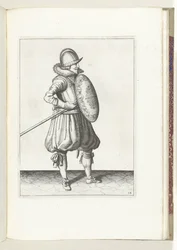 Skjold- og piggøvelsen: Soldaten flytter piggen til draposisjon på to ganger, andre bevegelse (nr. 14), 1618 Nassausche Wapen-Handelinge, van Schilt, Spies, Rappier and the Targe: beyde figuerlick avbildet, ende innrammet etter den nye