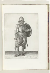Skjold- og piggøvelsen: Soldaten returnerer skjoldet på baksiden med sin venstre arm (nr. 26), 1618 De Nassausche Wapen-Handelinge, van Schilt, Spies, Rappier and the Targe: beyde figuerlick avbildet, ende innrammet etter den nye rekkefølgen [av] (..