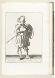 Skjold- og piggøvelsen: Soldaten holder pigg og skjold nær kroppen (nr. 15), 1618 Nassausche Wapen-Handelinge, van Schilt, Spies, Rappier and the Targe: beyde figuerlick avbildet, og innrammet etter den nye orden [av] (...) Maurit