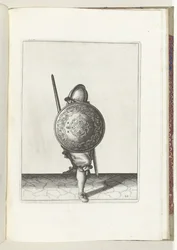 Skjold- og piggøvelsen: Soldaten i forsvarsposisjon med en fot foran og griperen og skjoldet på kneet foran kroppen, sett forfra (nr. 22), 1618 Nassausche Weapons Act, av Schilt, Spies, Rappier og Targ