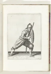 Skjold- og piggøvelsen: Soldaten i forsvarsposisjon med en fot foran og griperen og skjoldet på kneet foran kroppen (nr. 21), 1618 The Nassausche Wapen-Handinge, van Schilt, Spies, Rappier andde Targe : beyde figuerli