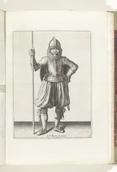 The Shield and Spike Exercise: Soldaten i hvile, pigg i hånden og skjold på ryggen (nr. 1), 1618 Nassausche Wapen-Handelinge, van Schilt, Spies, Rappier and the Targe: beyde figuerlick avbildet, ende innrammet etter den nye rekkefølgen [av] (