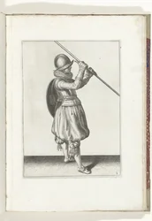 Skjold- og piggøvelsen: Soldaten med piggen vinklet i begge hender og skjoldet på ryggen (nr. 2), 1618 Nassausche Wapen-Handelinge, van Schilt, Spies, Rappier and the Targe: beyde figuerlick avbildet, og innrammet etter den nye orden [va