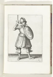 Skjold- og piggøvelsen: Soldaten presenterer sin rapier for hånd, ikke høyere enn ansiktet hans (nr. 19), 1618 Nassausche Wapen-Handelinge, van Schilt, Spies, Rappier and the Targe: beyde figuerlick avbildet, og innrammet etter den nye ordren