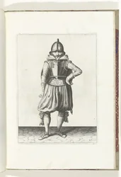 De exercitie met schild en spies: de soldaat staande in rust met het schild op de rug (nr. 27), 1618 De Nassausche Wapen-Handelinge, van Schilt, Spies, Rappier ende Targe : beyde figuerlick afgebeelt, ende gestelt na de nieu ordening [van] (...) Maurits v 