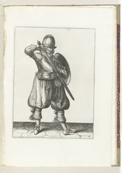 Skjold- og piggøvelsen: Soldaten hylster sin rapier (nr. 24), 1618 Nassausche Wapen-Handelinge, van Schilt, Spies, Rappier and the Targe: beyde figuerlick avbildet, og innrammet etter den nye rekkefølgen [av] (...) Maurits van