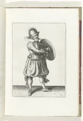 Skjold- og piggøvelsen: Soldaten tegner sin rapier fra bak skjoldet (nr. 18), 1618 Nassausche Wapen-Handelinge, van Schilt, Spies, Rappier and the Targe: beyde figuerlick avbildet, og innrammet etter den nye orden [av] (...) Maurits v