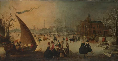 Landskap med frossen kanal, skatere og en isbåt