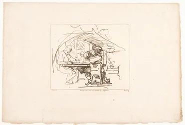 To menn ved et bord, en av dem med en mugge Seks trykk etter tegninger av Rembrandt, oppbevart i Hofbibliothek i Wien (serietittel) Six estampes gravées d