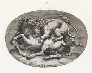 Speculum Romanae Magnificentiae: Lion Attacking a Horse, c1540-80.    1195341   no       norwegian Successfully Translated  Original: Spring Translat: Spring 1276468 no norwegian Successfully Translated Original: Studieblad met tekenvoorbeelden: koppen, di