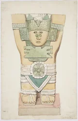 Caryatid III, ytre kammer, Upper Temple of the Jaguars (Tempel A), Chichen Itza, Mexico (akvarell)