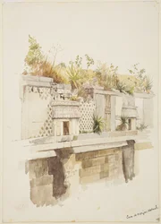 Casa de Monjas, Uxmal, Mexico Maleri av øverste etasje av ruinene (akvarell)