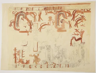 Design fra en gryte Belize (tidligere Britisk Honduras) Design inkluderer menneskelige figurer og fjærkledde slanger (akvarell)