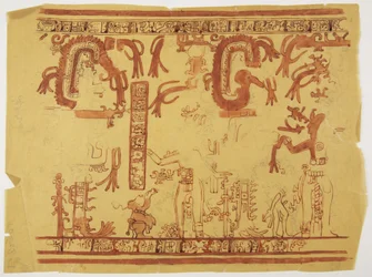 Design fra en gryte Belize (tidligere Britisk Honduras) Design inkluderer menneskelige figurer og fjærkledde slanger (akvarell)