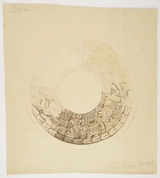 Grytetrekk fra Belize (tidligere Britisk Honduras) Sirkulært design, hvorav en del mangler, viser et design inkludert figurer av menn, glyfer etc (akvarell)