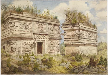Ruiner ved Chichen Itza, Yucatan, Mexico Viser østfasaden til bygning A og Iglesia (akvarell)