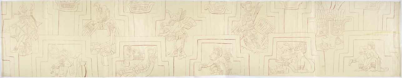 Sporing av et malt relieff Fra malte stukkaturrelieffer fra fasaden til en haug eller pyramide i Acanceh, Mexico