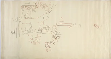 Sporing av et veggmaleri fra Casa de Monjas, Chichen Itza, Mexico hvelv i stort kammer (rødt, svart og brunt blekk og grafitt)