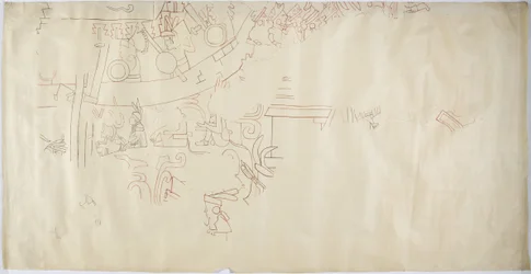 Sporing av et veggmaleri fra Casa de Monjas, Chichen Itza, Mexico hvelv i stort kammer (rødt, svart og brunt blekk og grafitt)