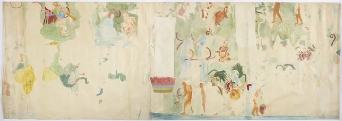 Sporing av et veggmaleri fra nordpanel, vestvegg, Jaguarens øvre tempel, Chichen Itza, Mexico   (akvarell og kroppsfarge)