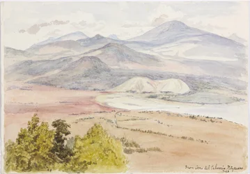 Utsikt fra Cerro del Calvario, Patzcuaxo på den ene siden av papiret og på den andre er en utsikt over den gamle festningen og steinhaugene, Iguatcho fra Cerro del Calvario, Patzcuaro, Michoacan, Mexico (akvarell)