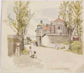 Utsikt over en landsbygate med kvinner og barn - Puebla (?), Mexico (akvarell og grafitt)
