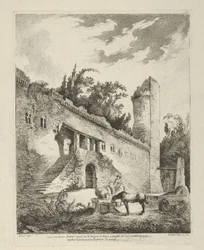 Utsikt over et gammelt slott på vei fra Roma til Napoli fra Differentes vue..., 1700-tallet.