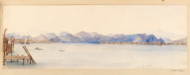 Borneo - Utsikt nedover elven fra huset vårt fra Vestindia, Nord-Amerika og Borneo utklippsbok, ca. 1845 (akvarell)
