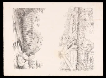 Landsbyen til Stang-stammen, Sarawak, Borneo; og en bro av stolper over en elv fra utklippsboken Vestindia, Nord-Amerika og Borneo, ca. 1845 (litografi)