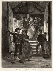 En kabaretscene, et par forlater scenen, mens en mann truer dem med en kniv, holdt av to kvinner; mens et annet par møter dem når de går inn i kabareten, graverer etter tegningen av Adolf Dillens, illustrerer en reise til Zelande (Neerlande),